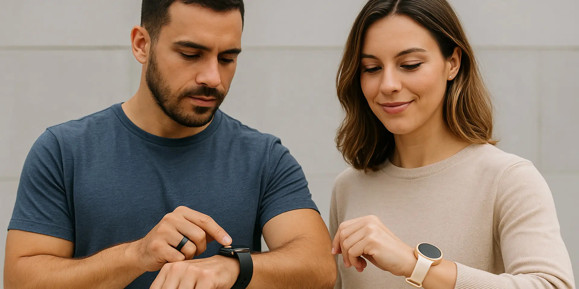 Paar schaut auf Smartwatches 