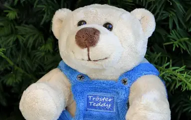 Ours en peluche avec salopette bleue et inscription Consolation Teddy