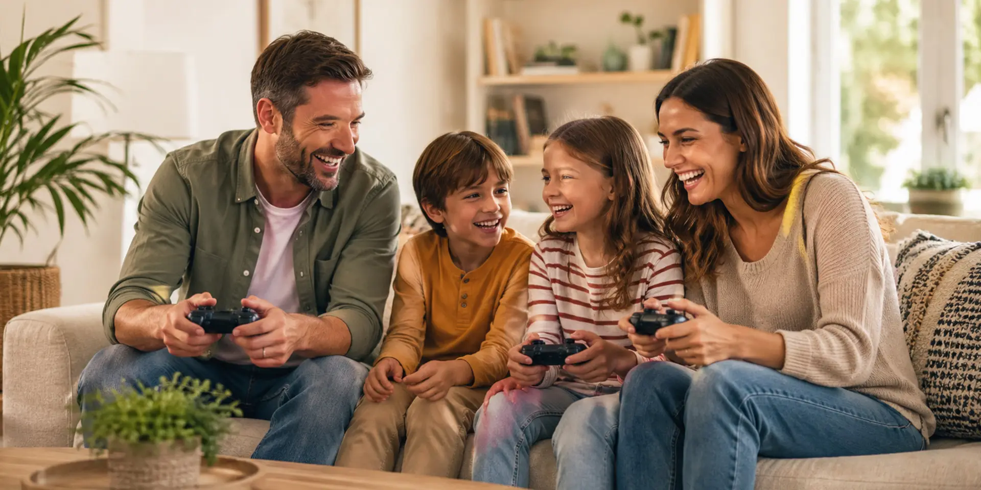 Familie spielt Game auf Sofa