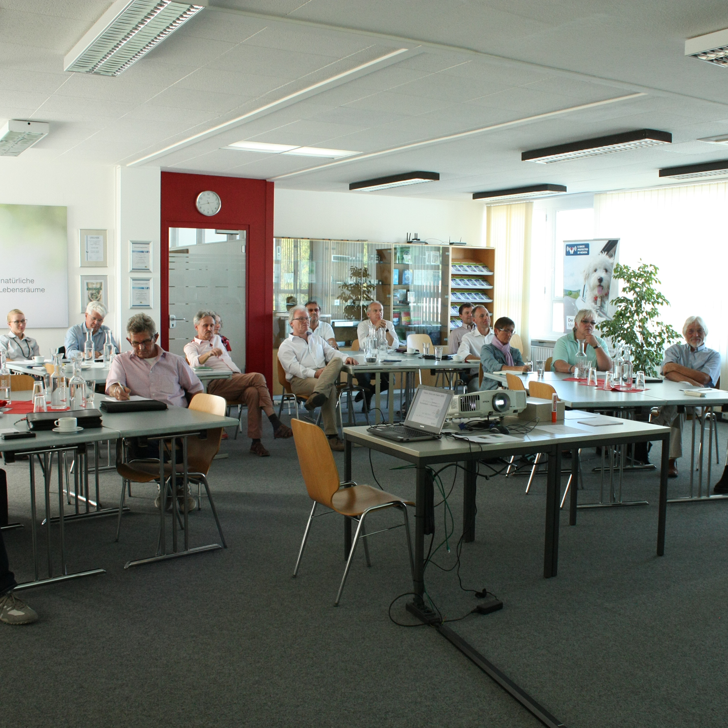 Les participants au séminaire regardent une vidéo explicative memon sur l'écran d'une salle de conférence