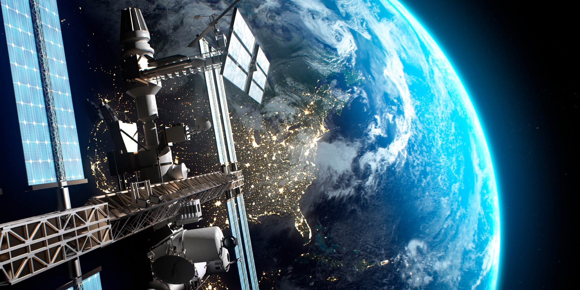 5G in allen Ecken der Welt Ein Satellit im Orbit, dahinter die Erde