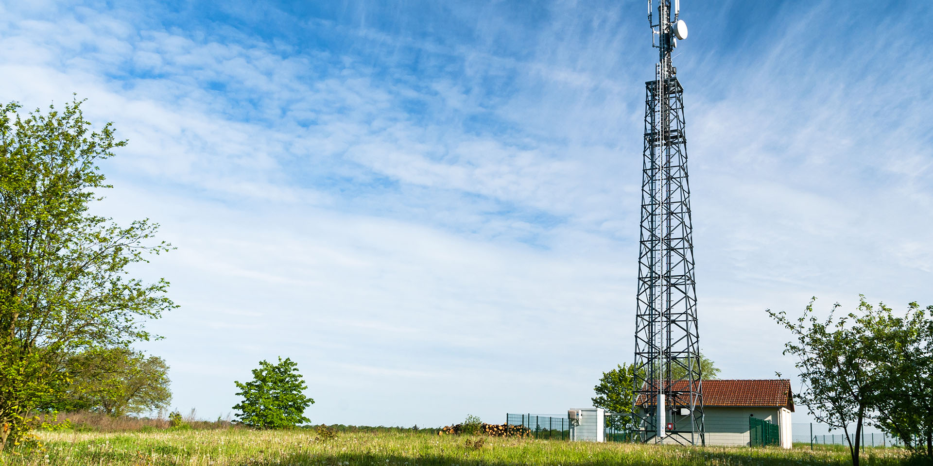 Sind die Grenzwerte für Handystrahlung noch zeitgemäß? 5G transmission mast on a plot of land in the countryside