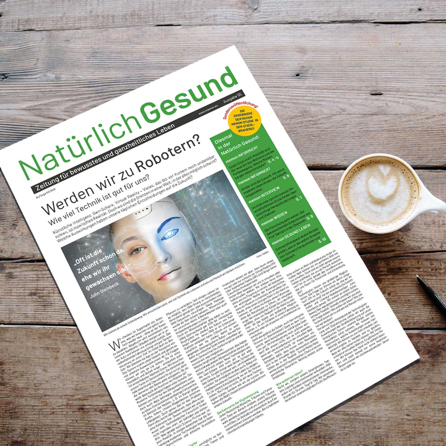 memon Zeitung »Natürlich Gesund« memon Zeitung »Natürlich Gesund« auf einem Tisch liegend neben einem Kaffee